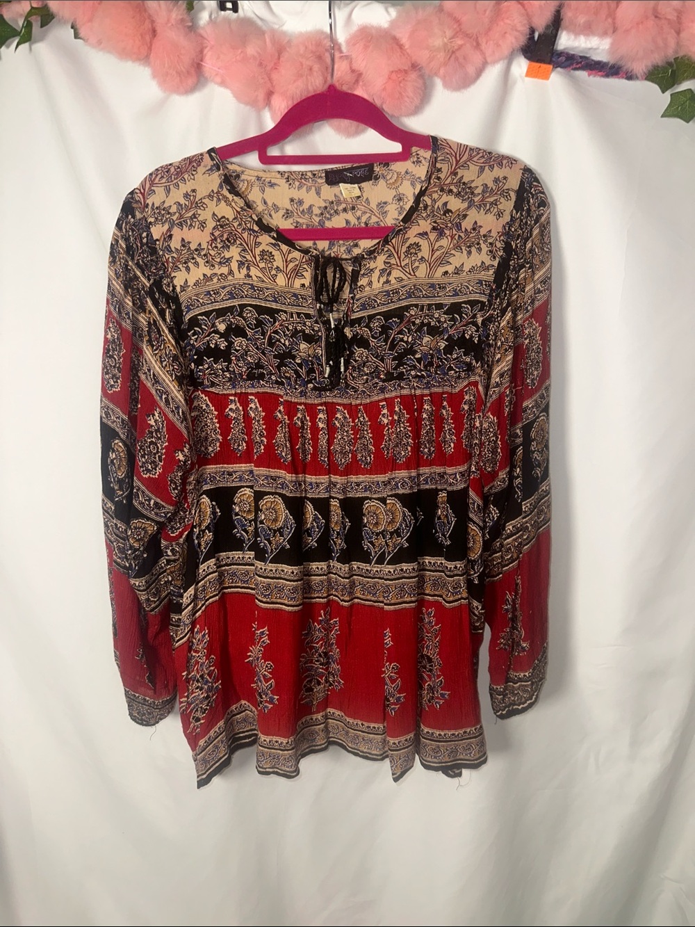 Gypsy Rose Boho Printed Peasant Blouse - Red & Black
